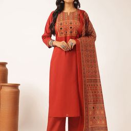 Vbuyz Floral Printed Pure Cotton Notch Neck Straight Kurta With Palazzos & Dupatta-picture-37