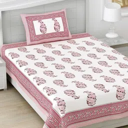 HOMELINE Pink & White Ethnic Motifs 160 TC Single Bedsheet with 1 Pillow Covers-image-71