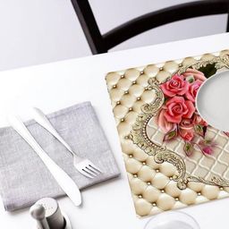 REVEXO 12Pc Cream Colored & Pink Printed Non Slip Table Placemats With Coasters image 3