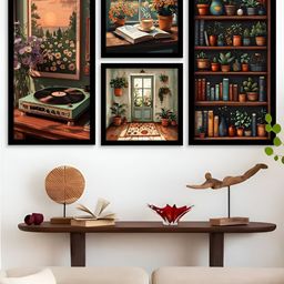 Kotart Black, Orange & Green 4 Pieces Floral and Botanical Wooden Wall Arts-picture-37