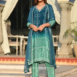 Shatanuvart Export Bandhani Printed V-Neck Chinnon Silk Kurta With Trousers & Dupatta-picture-28