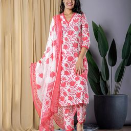 KALINI Floral Printed V-Neck Pure Cotton Straight Kurta With Trousers And Dupatta-22