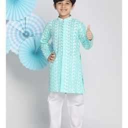 Vastramay Full Sleeves Chikankari Work Kurta With Pajama - Green-image-91
