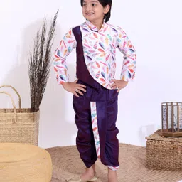 Ridokidz Full Sleeves Leaves Printed Kurta & Dhoti Set - White & Violet-picture-35