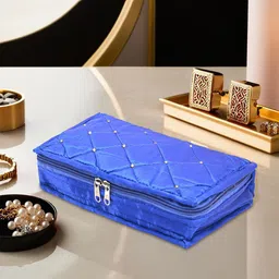 Kuber Industries Blue & Gold Toned Satin Jewellery Organiser Kit With 6 Pouches-3