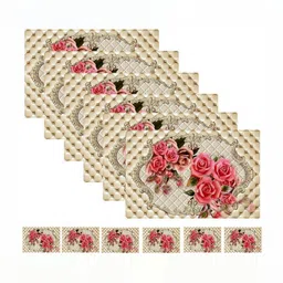 REVEXO 6Pc Cream Colored & Pink Printed Non Slip Table Placemats With Coasters image 2