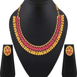 KRISHIKA JWELLERY Red Artificial Stone Studded Brass Jewellery Set image 4