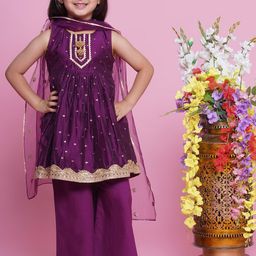 Little Bansi Girls Floral Embroidered Thread Work Kurta with Palazzos & Dupatta-image-4