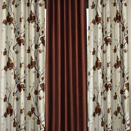 BELLA TRUE Brown & White 3 Pieces Floral Printed Ripple Fold Long Door Curtains-image-20