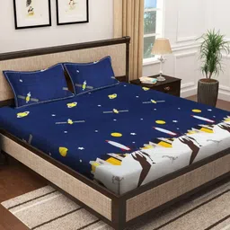 LITTLE GINNIE Navy Blue & White Graphic 144 TC Queen Bedsheet with 2 Pillow Covers-image-70