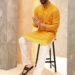 Anouk Mustard Geometric Embroidered Sequence Band Collar Cotton Straight Kurta image 5
