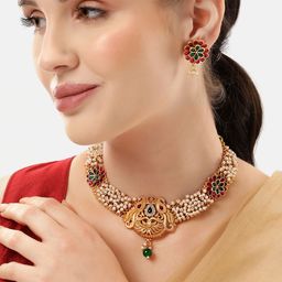 MANSIYAORANGE Gold-Plated Pearl Peacock Kempu Stones Jewellery Set-22