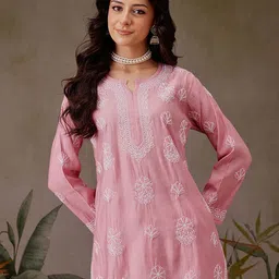 ADA Ethnic Motifs Embroidered Chikankari Chanderi Silk Chikankari Kurti-image-97