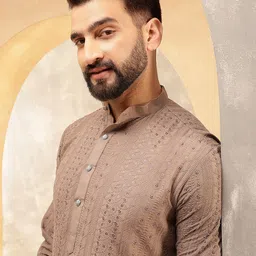 Anouk Brown Ethnic Motifs Embroidered Sequinned Pure Cotton Straight Kurta with Pyjamas-picture-0