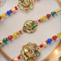 MEIRA JEWELLERY 5 Pcs Mauli Thread Rakhi With Greeting Card & Roli Chawal-image-42