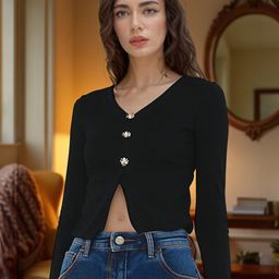 ZEUGEN Women V- Neck Studded Long Sleeves Top-image-85