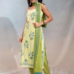 Vishudh Women Floral Printed Regular Pure Cotton Kurta with Trousers & With Dupatta image 1