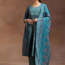 Libas Floral Printed Pleated Sequinned A-Line Kurta with Trousers & Dupatta-8