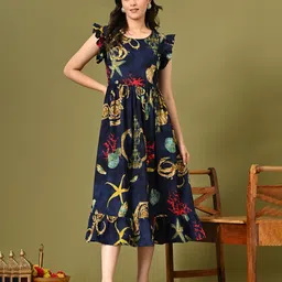 KALINI Floral Print Flutter Sleeve A-Line Midi Dress-8