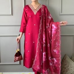KALINI Floral Embroidered Thread Work Chanderi Silk Kurta with Trouser & Dupatta-image-76