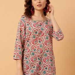 NEESH Women Floral Printed Square Neck Thread Work Pure Cotton Thread Work Kurti-15