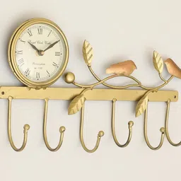 vedas Gold Toned Textured U-Singing Bird On Tree Hook With Wall Clock-40