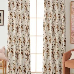 Aura White & Brown 2 Pieces Floral Printed Room Darkening Door Curtains-image-99