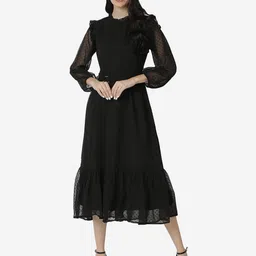 D 'VESH Women Self Design Puff Sleeve Georgette Fit & Flare Midi Dress-image-6
