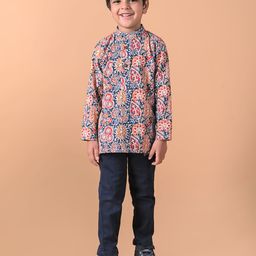 BEBE UNICORN Kids Boys Floral Printed Mandarin Collar Pure Cotton Straight Kurta-7
