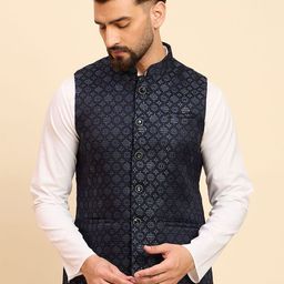 House of Pataudi Woven Design Mandarin Collar Nehru Jacket-33