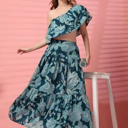 KALINI Women Off Shoulder Pure Cotton Floral Crop Top and Skirt Co-Ord Set-picture-3