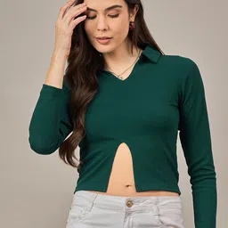 R.Code by The Roadster Life Co. Women Ribbed Shirt Collar Fitted Crop Top-image-23
