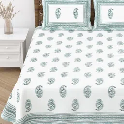 Desi Mantra White & Blue Floral Printed 120 TC Queen Bedsheet Set 2.29 m x 2.77 m-image-92