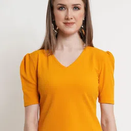 Popwings Women Solid Self Design Puff Sleeve Regular Top-picture-11