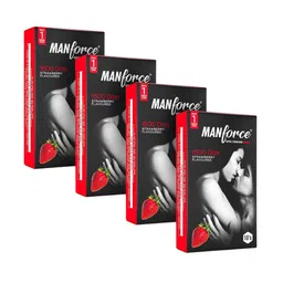Manforce Set Of 4 Xotic Strawberry Flavoured Dotted Condoms- 50Pcs-35
