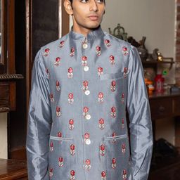 PATR Katan Embroidered Bundi Woven Nehru Jacket-40