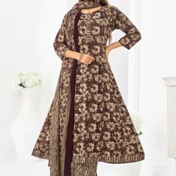 Larqi Women Floral Printed Cotton Anarkali Kurta with Trousers & Dupatta-picture-9