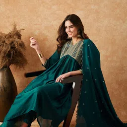 Sangria Embroidered V-Neck Sequined Kurta With Trouser & Dupatta-17