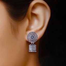 MEENAZ Set Of 4 Silver Plated Peacock Shaped Oxidized  Jhumkas image 3