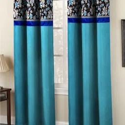 Homefab India Turquoise Blue & Brown Set of 2 Floral Door Curtains - 7 Feet-2