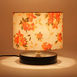 Devansh White Printed Wood Traditional Cylindrical Shaped Table Lamp image 3
