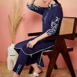Sangria Navy Blue Floral Embroidered Shirt Collar Straight Kurta & Trousers-image-40