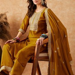 Sangria Ethnic Motifs Embroidered Sequinned Straight Kurta With Trouser & Dupatta-14