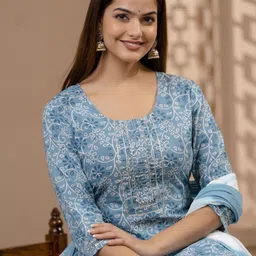RANGREAL Women Floral Printed Regular Pure Cotton Kurti with Pyjamas & With Dupatta-picture-15