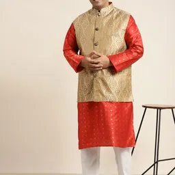 SOJANYA PLUS Men Plus Size Maroon Kurta with Churidar Comes With a Nehru Jacket image 2