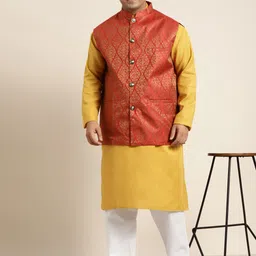 SOJANYA PLUS Men Plus Size Mustard Yellow Solid Kurta & Churidar Comes With a Nehru Jacket image 3