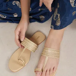 Anouk Beige Embellished One Toe Ethnic Flats-16