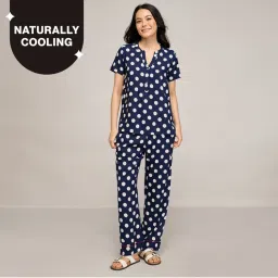 Nykd By Nykaa Breezy Rayon Pyjama Coord Set With Flattering High Low Hem Top Nys933 Navy Blue-picture-6