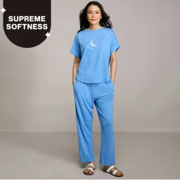 Nykd By Nykaa Buttery Soft Modal Cotton Pyjama Coord Set With Round Neck Graphic Tee Nys932 Blue-picture-22