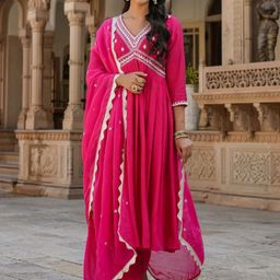 Moda Rapido Floral Yoke Design Empire Chanderi Silk Kurta With Trousers And Dupatta-picture-24